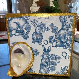 EASTER HANDMADE DECOUPAGE AND OYSTER SHELL ON CANVAS ART.